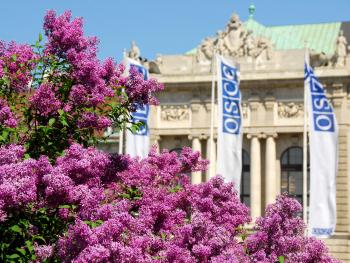 OSCE flags flutter in the breeze outside the Hofburg in Vienna.